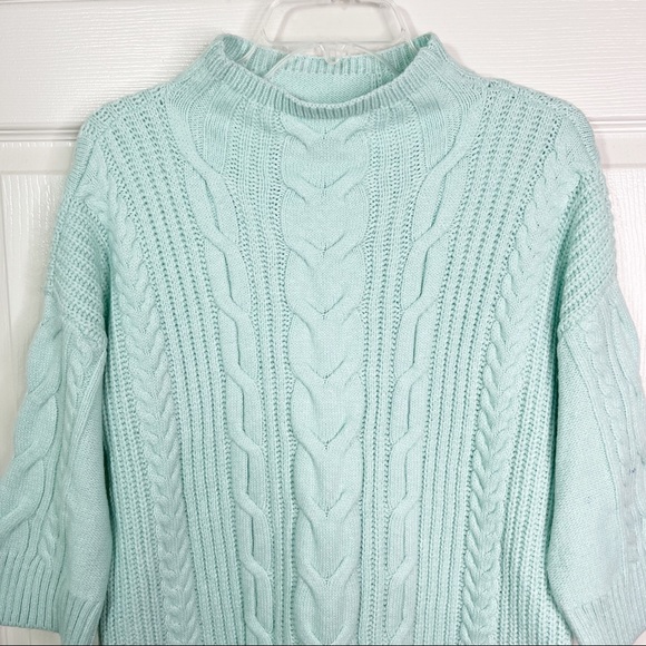 Vince Camuto Mock Neck Cable Knit 3/4 Sleeve Sweater in Sea Mist Size M - Picture 3 of 7